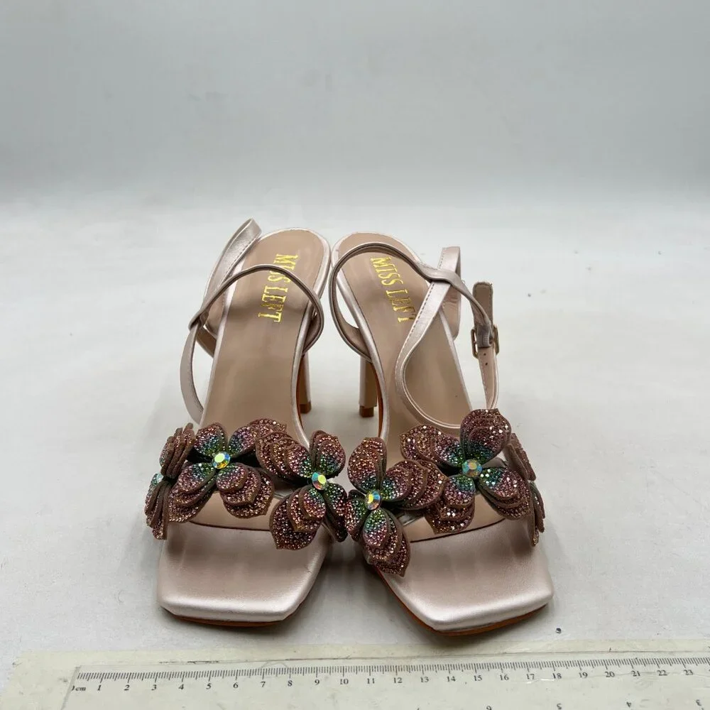 miss left Champagne Rhinestones Stiletto Heel with Strap Buckles Flower Sandals - Picture 3 of 8